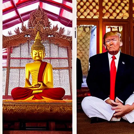 Image similar to a still photograph of Donald Trump meditating in a Buddhist Temple