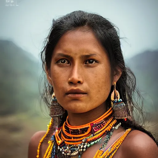 Image similar to portrait of a stunningly beautiful alluring nepalese tribal female, depth of field, zeiss lens, detailed, symmetrical, centered, fashion photoshoot, by annie leibovitz and steve mccurry, david lazar, jimmy nelsson, breathtaking, 8 k resolution, extremely detailed, beautiful, establishing shot, artistic, hyperrealistic, beautiful face, octane render