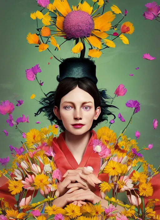 Image similar to an anthropomorphic beautiful female scientist portrait holding a flowers wearing colourful robe, fine art, award winning, intricate, elegant, sharp focus, octane render, hyperrealistic, wizard hat cinematic lighting, highly detailed, digital painting, 8 k concept art, art by jamie hewlett and z. w. gu, masterpiece, trending on artstation, 8 k