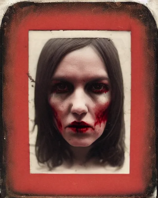 Prompt: an instant photo of a beautiful but sinister ghost in layers of fear, with violence in his eyes, 1 9 7 0 s, seventies, woodlands, delicate embellishments, a little blood, crimson, painterly, offset printing technique, mary jane ansell