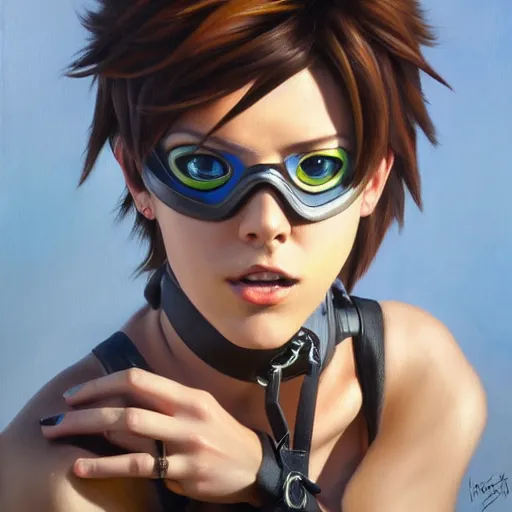Prompt: oil painting of tracer overwatch in a field, in style of mark arian, expressive face, very detailed face, wearing leather choker, very detailed eyes, full body, feminine face, detailed makeup on eyes,
