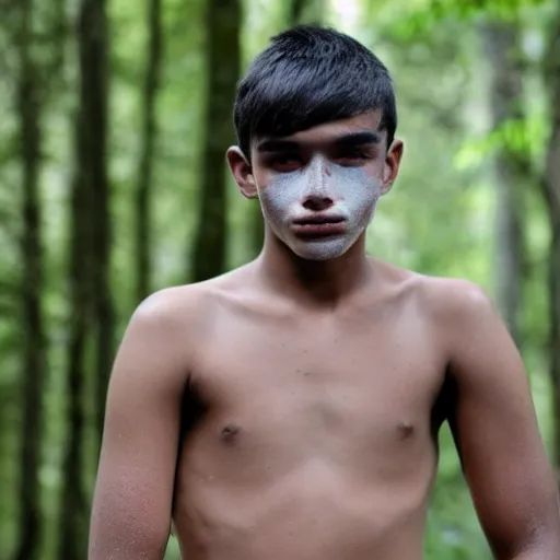 Prompt: male teenager, around 1 9 years old, with scar on his face. wearing loincloth in deep and eerie forest