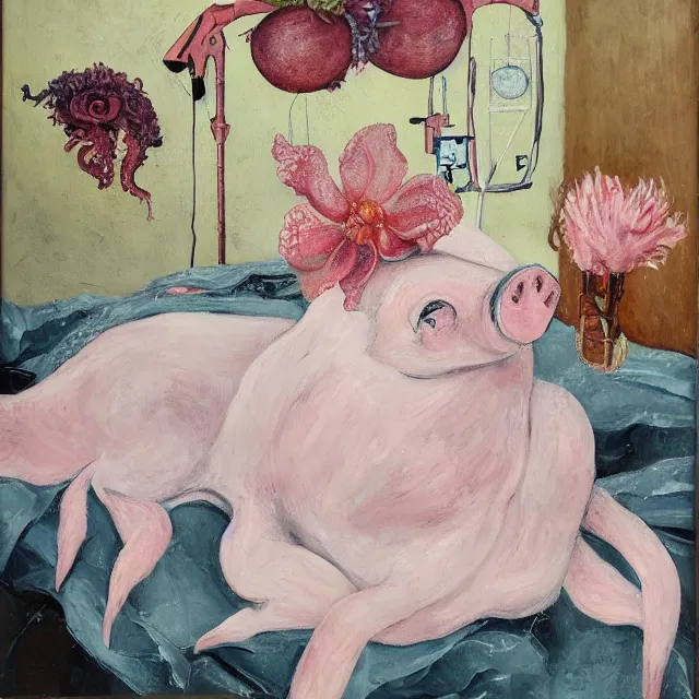 Prompt: pig, portrait of a female art student in a hospital bed, sensual, wilted flowers, squashed berry stains, octopus, scientific glassware, eating rotting fruit, oxygen tank, candlelight, neo - impressionist, surrealism, acrylic and spray paint and oilstick on canvas