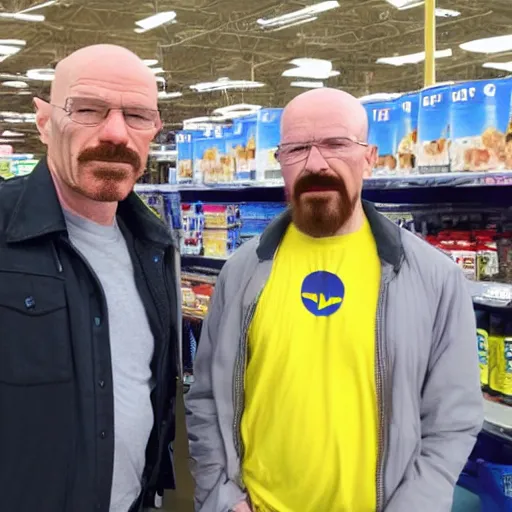 Prompt: walter white at walmart with waluigi