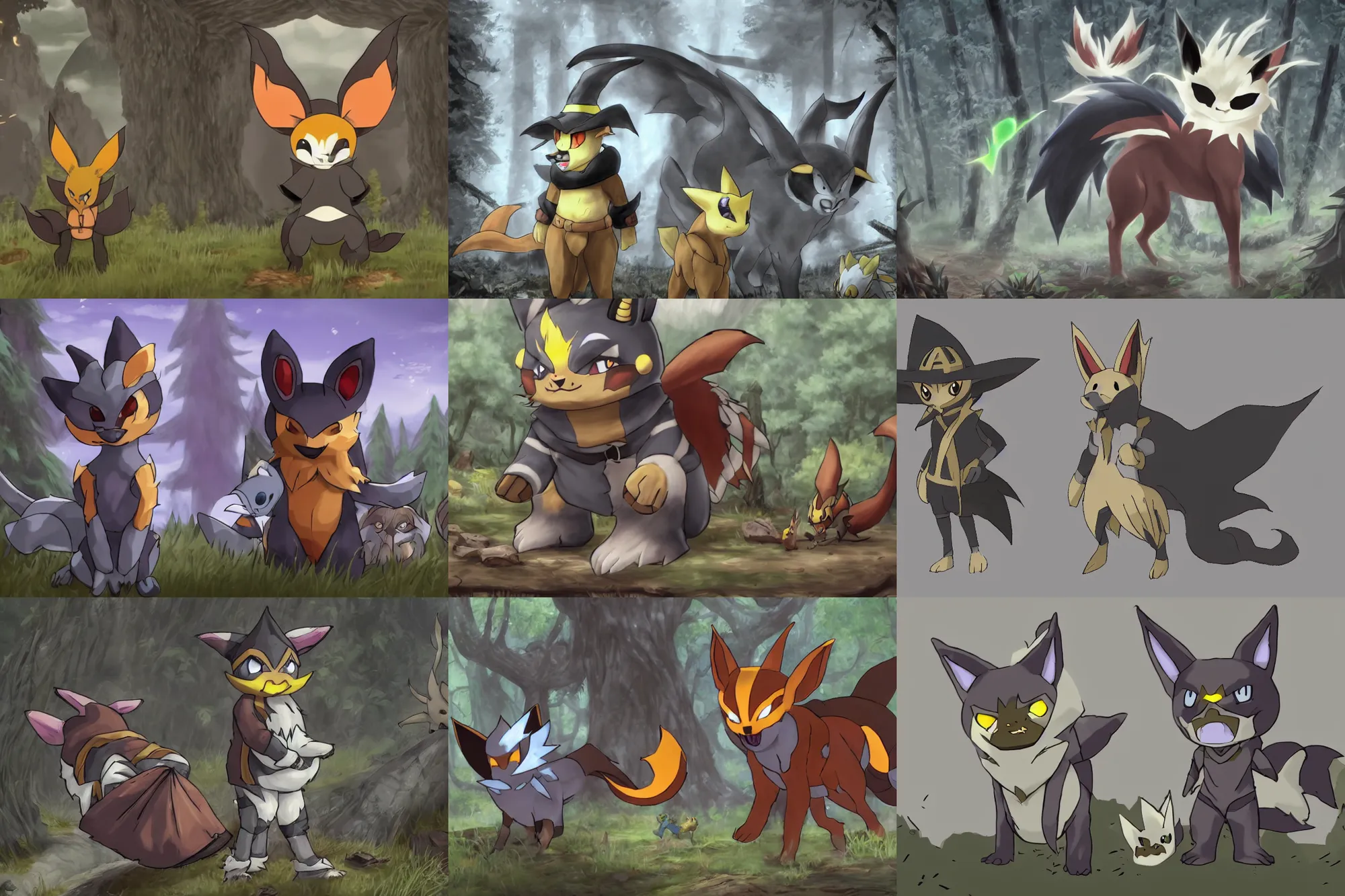 Prompt: trailcam footage grayscale low saturation video game elden clay growlithe : murkrows reprisal star valley resident evil unreal engine mismagius oblivion mystery dungeon ultrahd resident eevee wearing bandanna fighting giratina as malenia, the old god wearing a witch hat pokemon nextgen