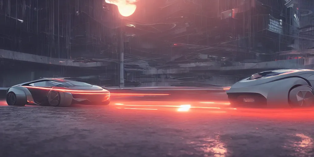 Prompt: futuristic electro car, smooth concrete brutalistic buildings on the background, puddles of water, stunning volumetric lighting, sunset, trending on Artstation, 8k, photorealistic, hyper detailed, unreal engine 5, cinematic, epic lighting, cryengine, octane render, cyberpunk, red and orange glow, dark, gloomy