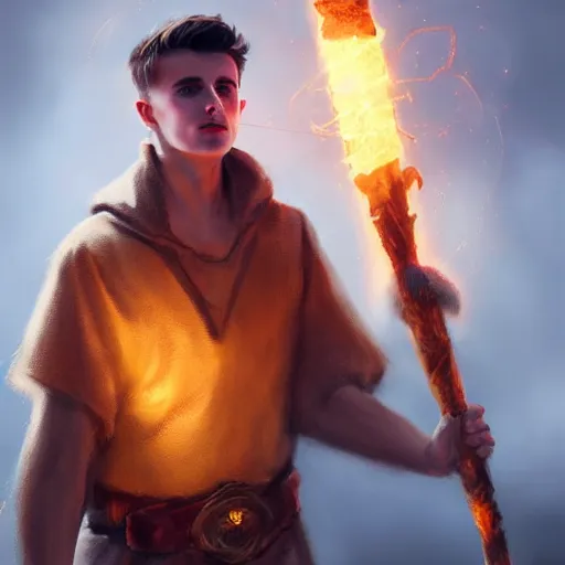 Prompt: Mason Mount wearing tattered tunic holding a glowing fire magical staff. Trending on Artstation, octane render, ultra detailed, art by Ross tran