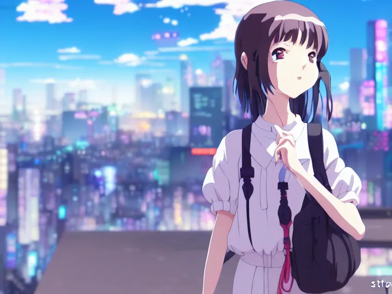 Image similar to anime fine details portrait of joyful school girl in front of cyberpunk moder city landscape on the background deep bokeh, close-up view, anime masterpiece by Studio Ghibli. 8k, sharp high quality anime, artstation