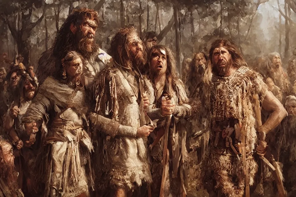 Prompt: historically accurate depiction of a Neanderthal wedding, highly detailed, centered, oil painting, artstation, realistic painting by WLOP