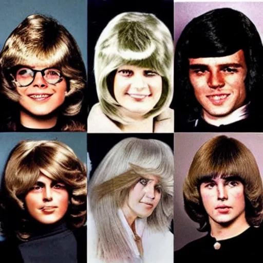 Prompt: Multiple photos showcasing terrible 1970s haircuts and hairstyles