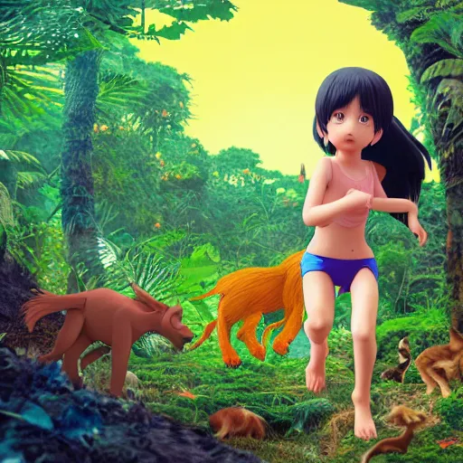 Prompt: Manga cover portrait of an extremely cute and adorable beautiful feral girl running through the jungle, surrounded by a large amount of her animal friends, summer vibrance, sunset aura, 3d render diorama by Hayao Miyazaki, official Studio Ghibli still, color graflex macro photograph, Pixiv, DAZ Studio 3D