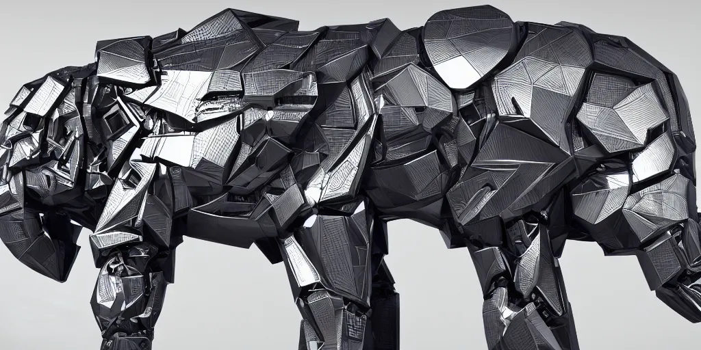Prompt: robotic elephant with low-poly body-armor, intricate detail, military-grade, futuristic, zaha hadid, 4k, watercooling, unreal engine