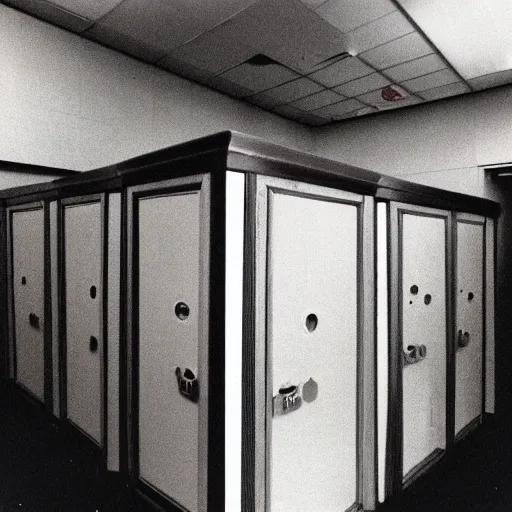 Image similar to a photograph of a haunted cubicle, 1990s, disposable camera,