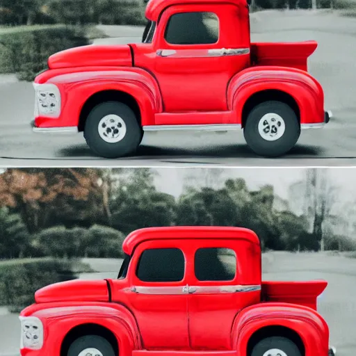 Image similar to a red truck with pokey dots all over it, chrome red