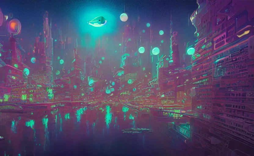 Image similar to Wide angle shot of a city with holographic fishes floating in the sky by Petros Afshar, James Gilleard, Mark Ryden, Wolfgang Lettl highly detailed, Dark cineamtic and atmospheric lighting