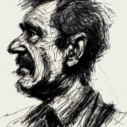 Image similar to a realistic yet scraggly portrait sketch of the side profile of a stern and sophisticated the g - man, trending on artstation, intricate details, in the style of frank auerbach, in the style of sergio aragones, in the style of martin ansin, in the style of david aja, in the style of mattias adolfsson