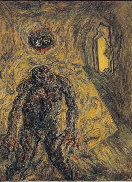 Image similar to a teratoma exploding in the middle of a museum room realizing that he has consciousness painted by james ensor goya and giorgio de chirico