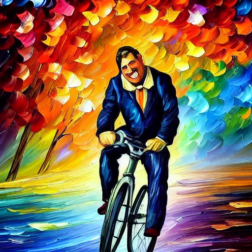 Image similar to A whimsical painting of a happy man flying in the sky on his bicycle in the clouds, expressive oil painting, digital art by Leonid Afremov