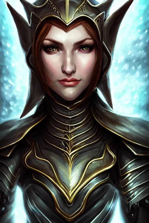 Image similar to head and shoulders portrait of an eldritch knight, elf, beautiful, female, breastplate, magical, high fantasy, d & d, by artgerm, face details, extremely detailed, digital illustration