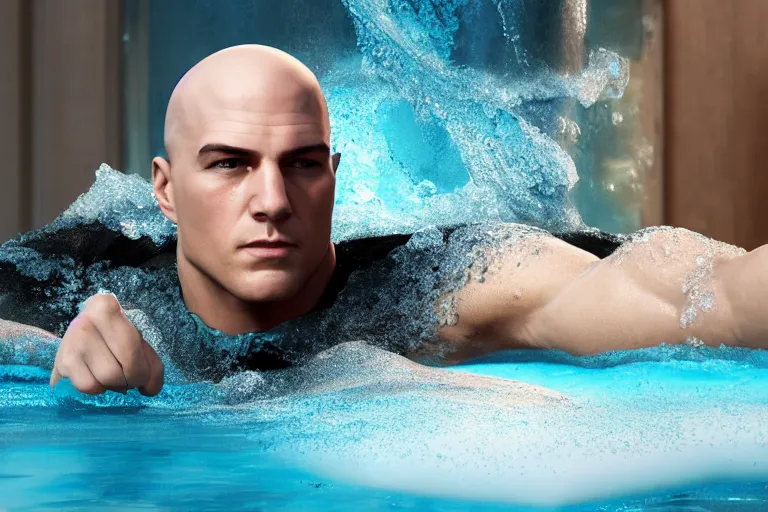 Image similar to hyperrealistic film still of hitman swimming in a pool of slushie at 7 1 1 stunning 3 d render, inspired by istvan sandorfi & greg rutkowski & unreal engine, perfect facial symmetry, dim volumetric cinematic lighting, 8 k octane comprehensive render, extremely hyper - detailed, incredibly lifelike attributes, intricate, real flesh texture, masterpiece, artstation, stunning,