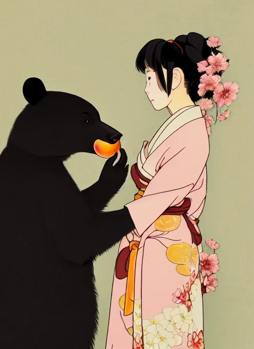 Image similar to painting of a girl wearing a kimono giving a peach to an anthropomorphic asian black bear, featured in artstation, octane render, cinematic, elegant, intricate, 8 k, close up, in the style of studio ghibli and heikala and alphonse mucha,