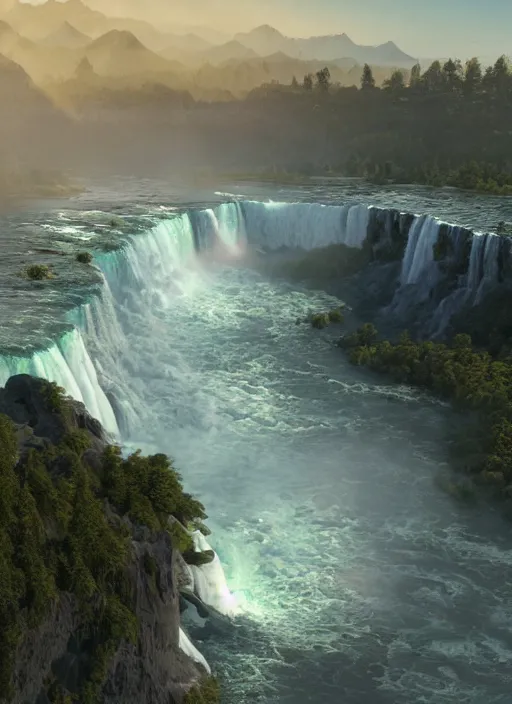 Image similar to cascade of multiple gigantic niagara falls, epic mountains in the background, early dawn, fantasy illustration, matte painting, concept art, volumetric lighting, volumetric atmosphere, morning mist, art by james gurney, unreal engine 5, 8 k