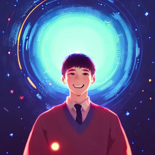 Image similar to the begining of time, portrait of a beatiful strong man, dressed in stars and planets, extreme hyper detail , dramatic, fantasy lighting, matte print, digital art, cute smile, beautiful eyes, digital painting, fan art, pixiv, elegant, Ilya Kuvshinov style, Studio Ghibli