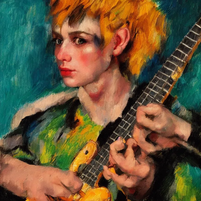 Prompt: close up studio portrait of dainty wood elf in a jumpsuit as a punk rock guitarist in 1979, impasto heavy brushstrokes oil painting by Mary Cassatt and Franz Marc and Norman Rockwell, Intense colors trending on artstation dramatic lighting Expressionism
