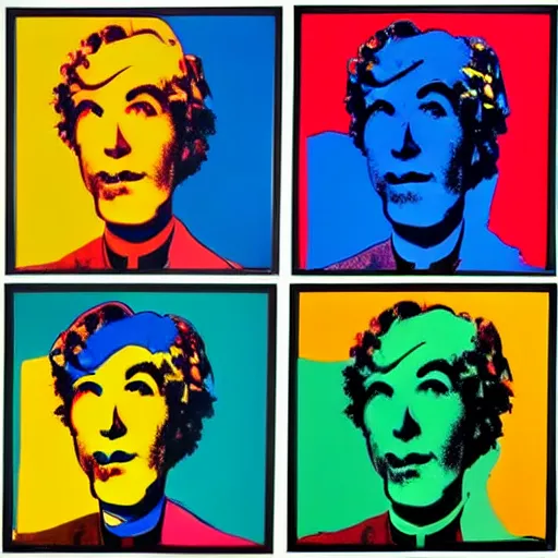 Image similar to frits lang robot, 6 panels by andy warhol, with highly contrasted colors and an illuminating background