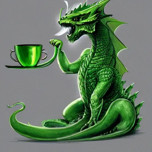 Prompt: a green dragon drinking a cup of tea, intricate concept art, artstation