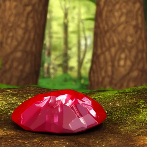 Image similar to a cut ruby gemstone mushroom, shiny, in the forest, unreal engine