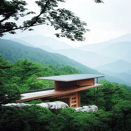 Prompt: “extravagant luxury mountain home, in Karuizawa, by Tadao Ando, modern rustic, stone, zen, summer rain, mist”