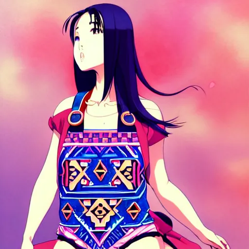 Image similar to a beautiful plus sized model japanese natalie portman, alluring plus sized model, wearing mayan leotard with overalls, street fashion hip hop style with mayan patterns, aztec street fashion, gapmoe yandere grimdark, trending on pixiv fanbox, painted by greg rutkowski makoto shinkai takashi takeuchi studio ghibli, akihiko yoshida