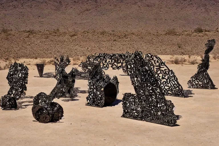 Prompt: surrealist metal sculptures by max ernst in a california desert landscape