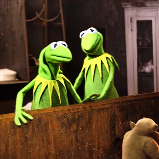 Image similar to kermit in the backrooms, dark and eerie