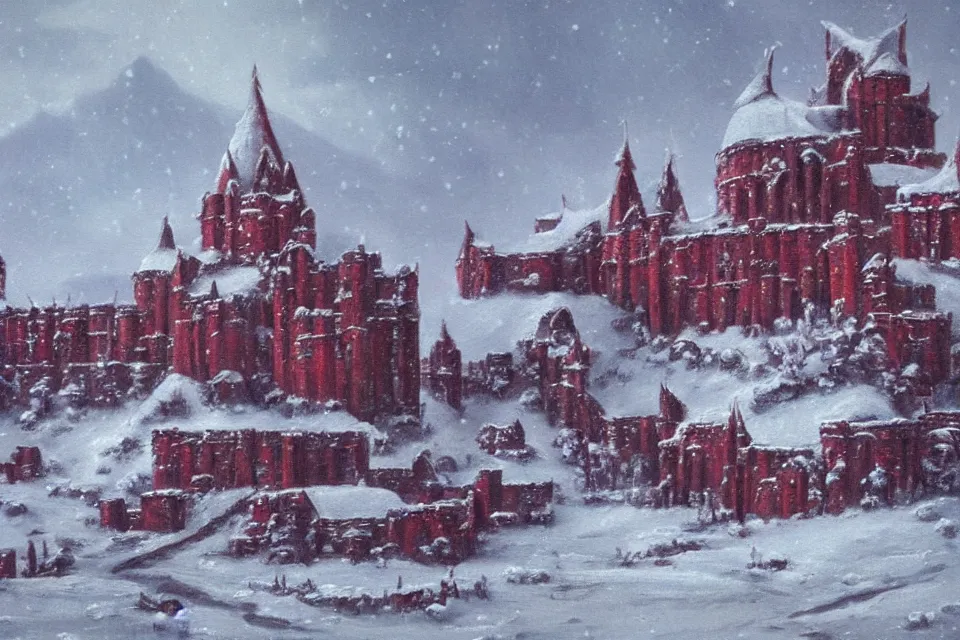 Prompt: The Red Citadel, elven palace of Ghemathar, resting atilt in a snowy arctic lowland. high detail, oil painting