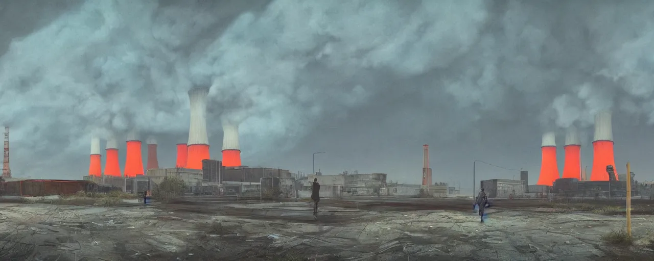 Image similar to the wind pushed the dense fog hanging over glowing bubbling neon orange pool of radioactive waste to form red white charcoal tie dye clouds, in the background the abandoned nuclear plant loomed, digital concept art by Simon Stalenhag, Beeple, Jeffrey Smith, Unreal Engine, 8k HDR