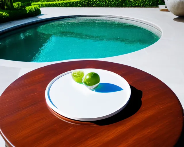 Prompt: 5 5 mm photo of wine - cocktail glass on a zen minimalist round white table with gorgeous pool in the background. highly detailed 8 k. intricate. lifelike. soft light,