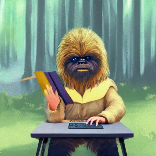 Prompt: studious ewok typing on a computer in the forest, artstation, colorful