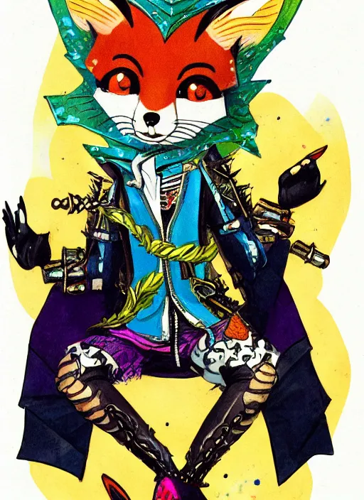 Image similar to A vintage painted illustration of an adorable chibi rogue fox anime guy in the style of Lisa Frank Babs Tarr Hantine Hsu sitting in a couture leather and spike vest that has skulls on it