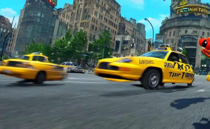 Image similar to ps 4 game about a frog driving a taxi, unreal 4 screenshot,