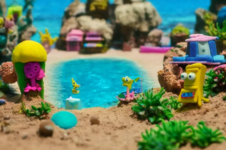 Image similar to miniatures photography of bikini bottom ( spongebob location ), everything has a plasticine sheen