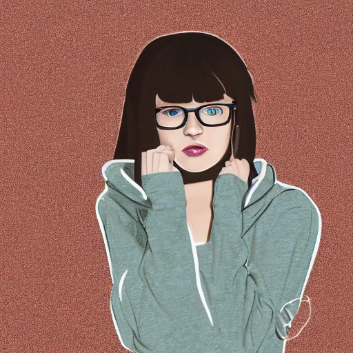 Prompt: portrait of a teenage girl with bangs, brown hair and bangs, round silver glasses, wearing a pastel green hoodie with black sleeves, digital art, elegant pose, detailed illustration with thick lineart