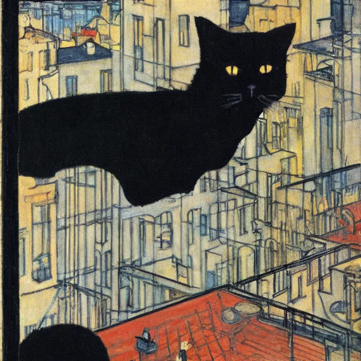 Prompt: city seen from a window frame. fuzzy black cat. henri de toulouse - lautrec, utamaro, matisse, felix vallotton, monet