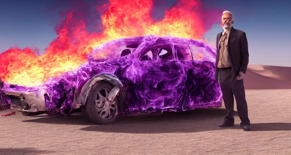 Image similar to 45 year old man with few grey hair standing besides a car in flames in a desert, purple color-theme, cinematic, science-fiction art wallpaper, stunning digital art