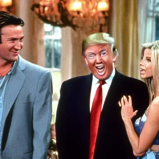 Image similar to donald trump has a guest role in friends, movie still, nineties, comedy, laughing