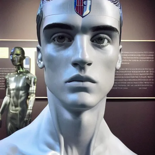 Image similar to “ a realistic detailed photo of a guy who is an attractive humanoid who is half robot and half humanoid, who is a male android, soccer player antoine griezmann, shiny skin, posing like a statue, blank stare, at the museum, on display ”