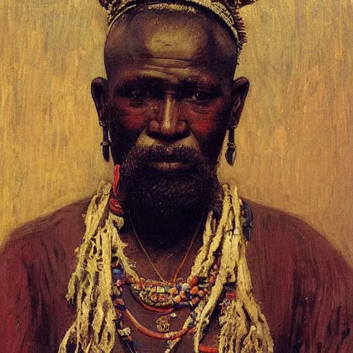 Image similar to portrait of Igbo chief, 1905, highly detailed, oil on canvas, by Ilya Repin