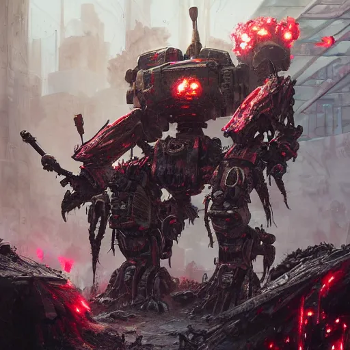 Prompt: undead - zombie - organic - battlemech with bloody - flesh playing on the laser harp, rotting flesh hanging, bloodveins on heavy armor, cyberpunk 2 0 8 8 with grimdark magic, elegant, digital illustration, detailed, intricate, sharp focus, digital painting, deep focus, artstation, matte, art by artgerm and greg rutkowski