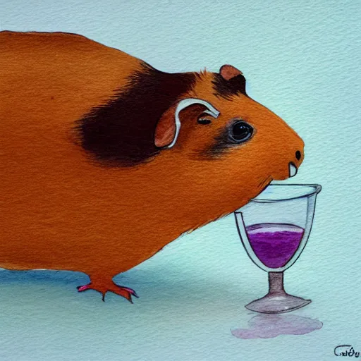 Prompt: a guinea pig drinking a glass of milk, water colour